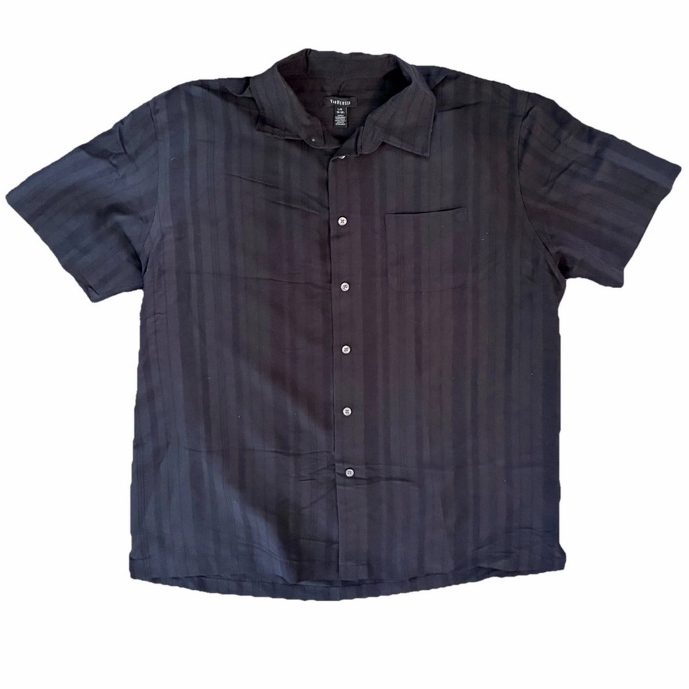 Van Heusen Shirt 2 Mens L Navy/Black Never Tuck Striped Fit Print Short Sleeve - Picture 2 of 4